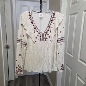 Knox Rose 100% Rayon Embroidered Boho Peplum Top Cream Floral Long Sleeve